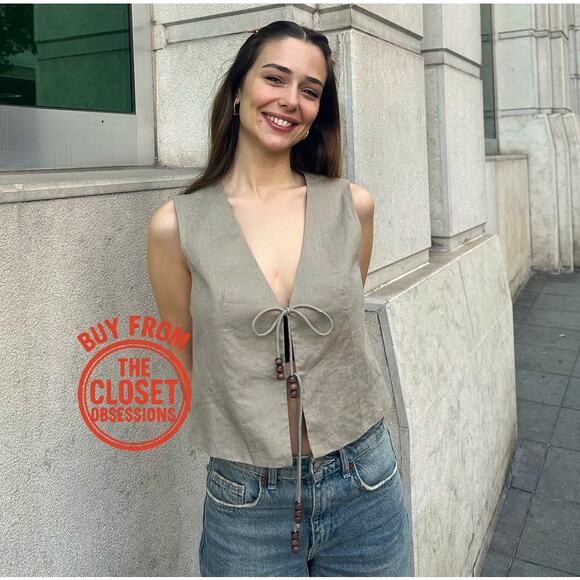 ZARA Sleeveless Linen Vest NWT | Beige Beaded Tie-Front Top Size L - Picture 6 of 16